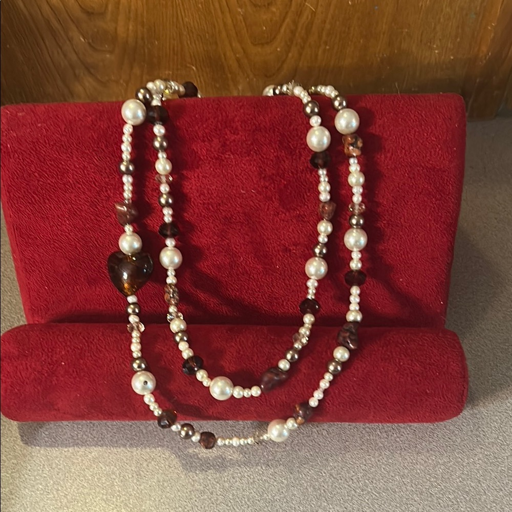 Elegant Pearl and Brown Beaded Necklace